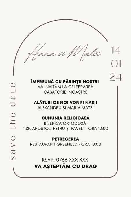 Invitatie nunta, 10x15 cm, cu plic personalizat, model Minimalist Arcada