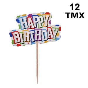 Scobitori de Petrecere Imprimeu Colorat "Happy Birthday" 6.5cm - 12buc