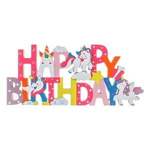 Semn Decorativ din Lemn Colorat Happy Birthday Unicorni 30x2.5x13.5cm