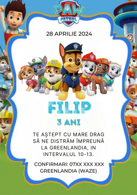 Set 10 invitatii aniversare aniversare baieti, cu plicuri, model Paw Patrol (Patrula Catelusilor)