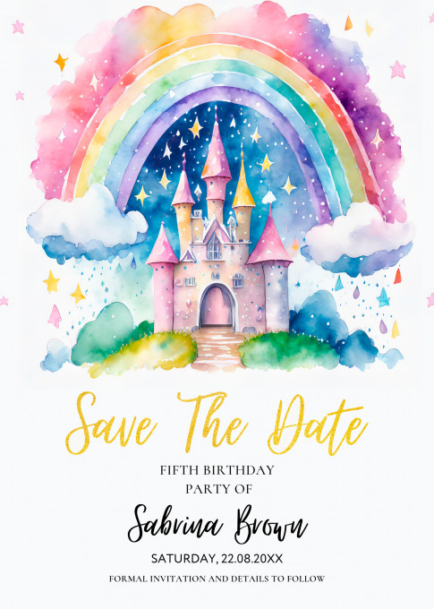 Set 10 invitatii aniversare zi de nastere Castel si Curcubeu, fetita, unicorn plus plicuri