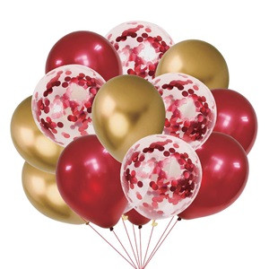 Baloane Metalizate de Petrecere Rosii Aurii cu Confeti 30cm - 12buc