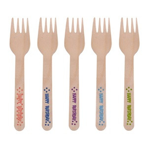 Furculite din Lemn de Petrecere Happy Birthday Colorat 16cm - 10buc