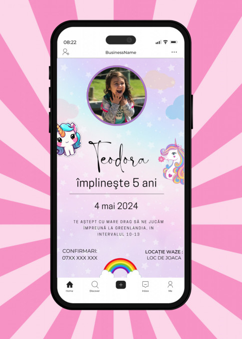 Invitatie Electronica/Digitala aniversare fetite, pentru copii, model Unicorn cu poza