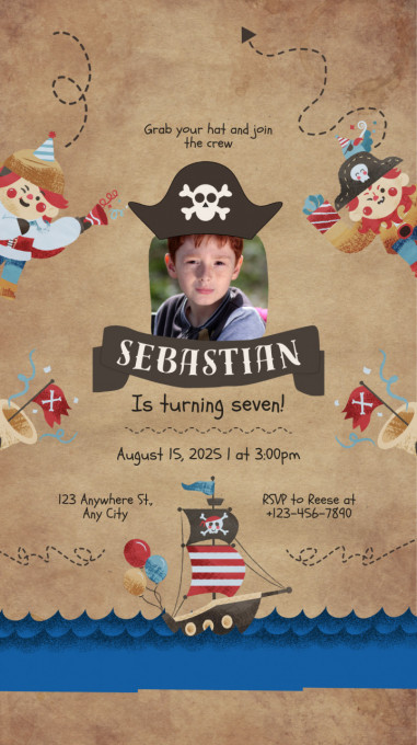 Set 10 invitatii aniversare aniversare baieti, cu plicuri, model Pirati cu poza