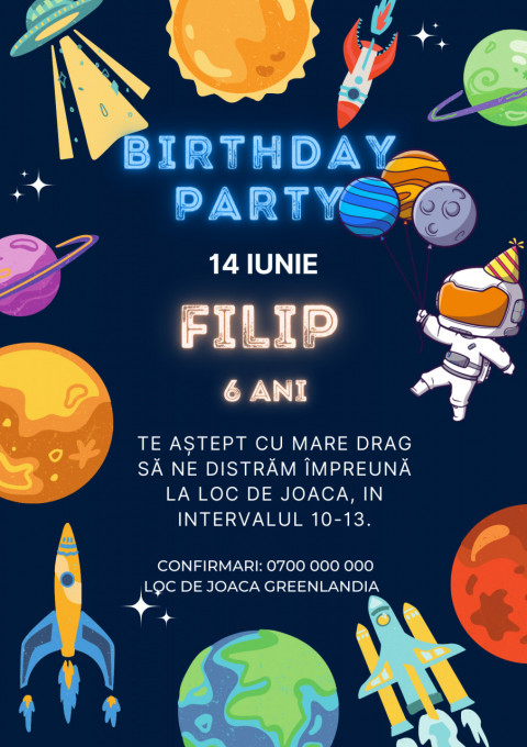 Set 10 invitatii aniversare aniversare baieti, cu plicuri, model spatiu (astronaut)