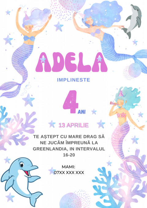 Set 10 invitatii aniversare aniversare fetite, cu plicuri, model Sirene si Delfini