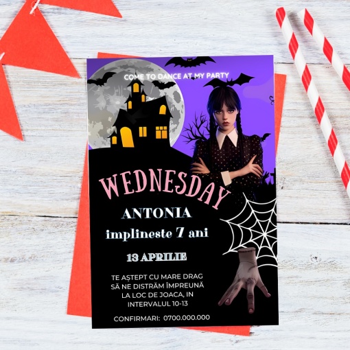 Set 10 invitatii aniversare aniversare fetite, cu plicuri, model Wednesday