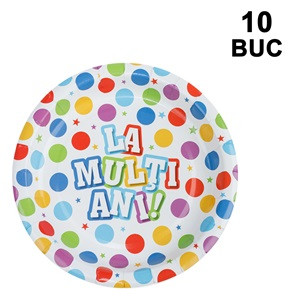 Farfurii de Petrecere din Carton cu Buline Color ”La Multi Ani!” 18cm - 10buc