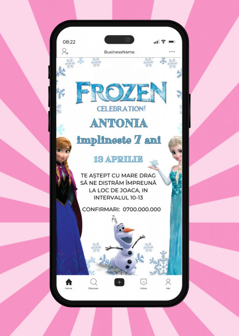 Invitatie Electronica/Digitala aniversare fetite, pentru copii, model Frozen Ana si Elsa