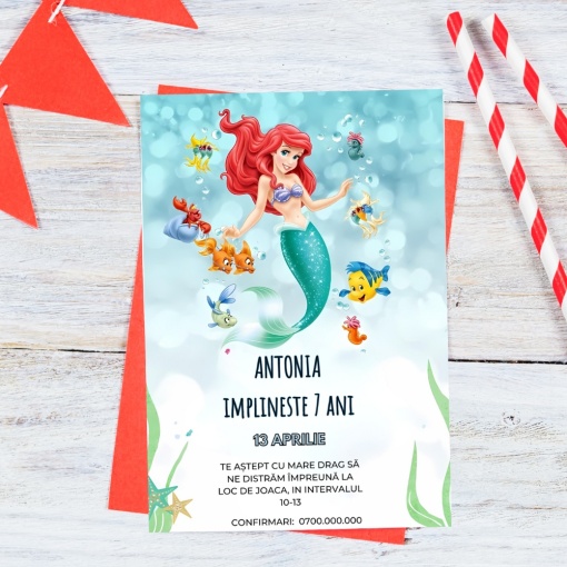 Set 10 invitatii aniversare aniversare fetite, cu plicuri, model Ariel
