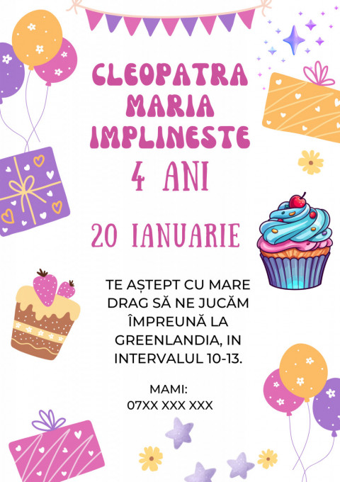 Set 10 invitatii aniversare aniversare fetite, cu plicuri, model Tort si Cadouri