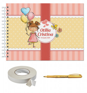 Set Album foto / GuestBook pentru botez fete, MODEL 2, personalizabil, A4 landscape, pix si dubluadeziv inclus, 3 piese - Img 1