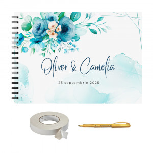 Set Album foto / GuestBook pentru nunta, cu flori, A4 landscape, pix si dubluadeziv inclus, 3 piese - Img 1