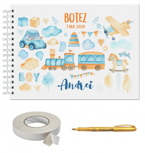 Set Album foto / GuestBook pentru botez baieti, model 3, personalizabil, A4 landscape, pix si dubluadeziv inclus, 3 piese - Img 1