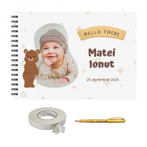 Set Album foto/ Guestbook botez sau mot, baiat cu poza, format A4 landscape, pix si dublu adeziv inclus - Img 1