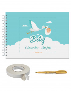 Set Album foto / GuestBook pentru botez baieti, model 2, personalizabil, A4 landscape, pix si dubluadeziv inclus, 3 piese - Img 1