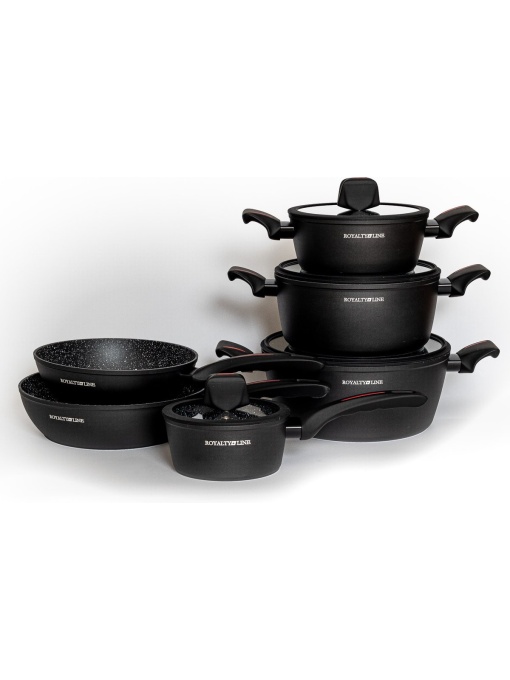 Set de vase de gătit cu inducție Royalty Line® T010 negru- Set de vase de 10 piese - Cu mâner din silicon - toate sursele de căldură - Negru