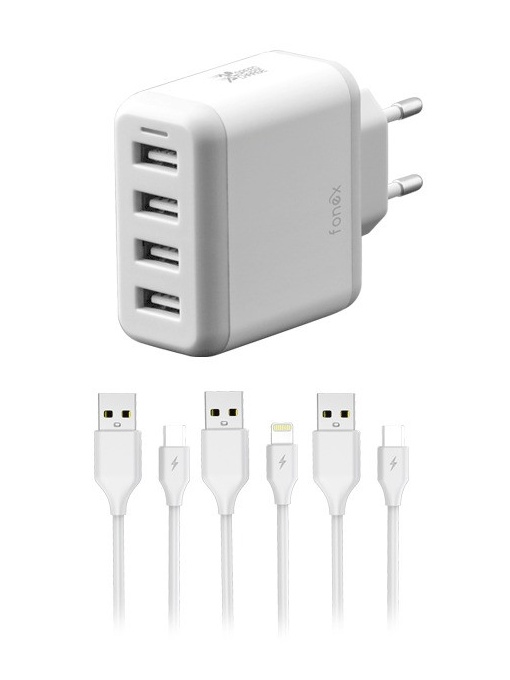 Kit incarcator retea 4XUSB cu 24W si cablu MicroUSB,cablu Lightning,cably TypeC FONEX KITTC48AWN