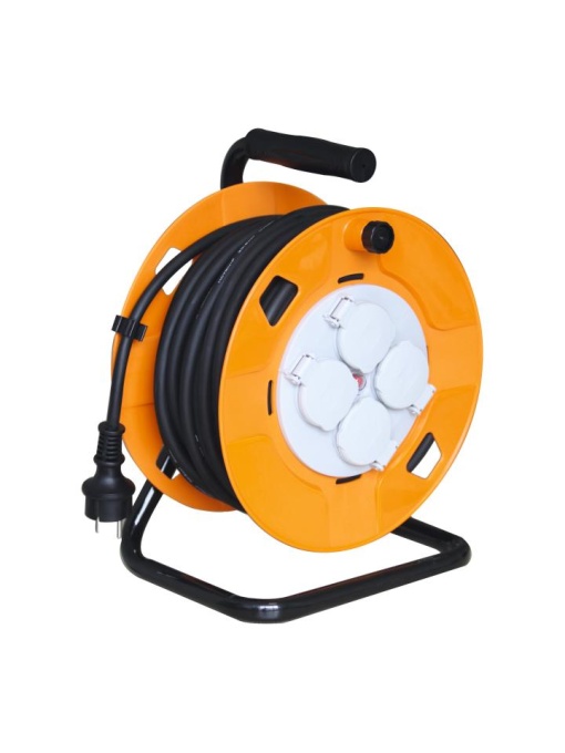 Tambur cablu, cadru metalic, 4 prize cu împământare, 30 m, 3x1,5 mm2, IP44