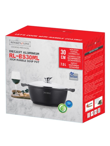 Oala cu capac sticla interior marmura Royalty Line , 30 cm, 7 L,negru - Img 2