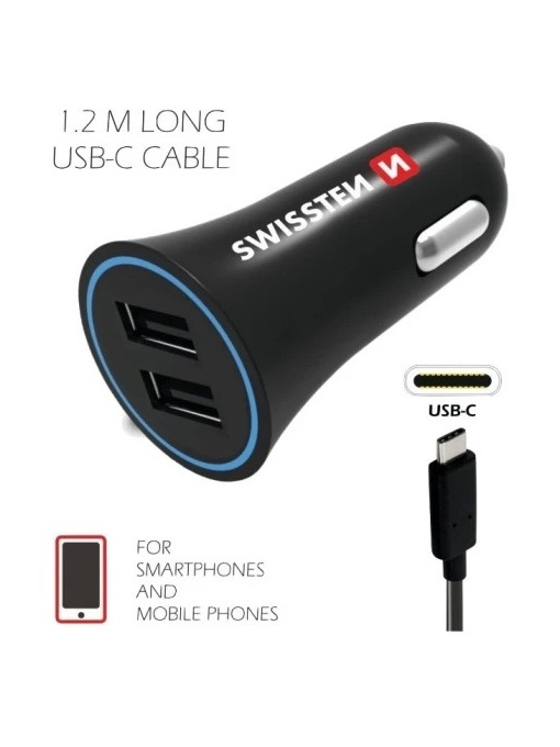 Incarcator auto 2XUSB-A si cablu USB-A la TypeC SWISSTEN