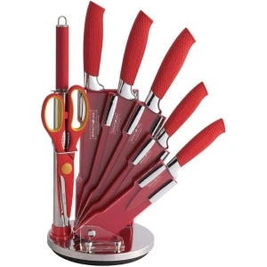 Set cutite 8 piese cu manere rosi ROYALTY LINE RL-RED8-W, suport acrilic