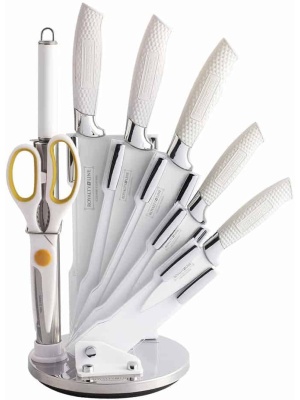 Set de cutite din 8 piese Royalty-Line RL-WHT8-W, invelis antiaderent, manere silicon