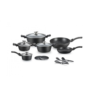 Set vase de gătit 15 piese Royalty Line RL-ES1015, Înveliș Marmură, Inducție, Negru Premium