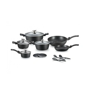 Set vase de gătit 15 piese Royalty Line RL-ES1015, Înveliș Marmură, Inducție, Negru Premium