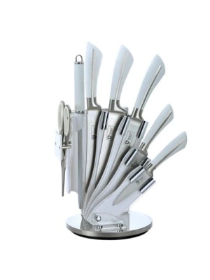 Set de 5 cutite cu ascutitor, foarfeca si suport vertical, Royalty Line, RL- KSS750, otel inox, manere albe