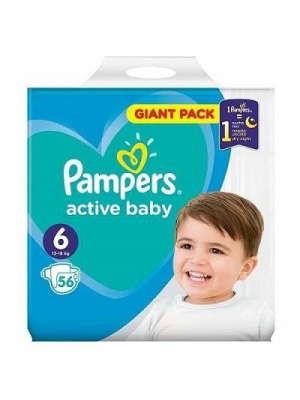 Scutece Pampers New Giant, absorbtie ultrarapida, cu banda flexibila, elastica in jurul talie, nr 6, 13-18 kg, 56 buc