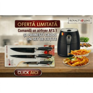 Friteuză cu Aer Cald Royalty Line, Capacitate 3L, Putere 1400W + CADOU: Set Cuțite de Bucătărie