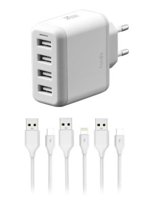 Kit incarcator retea 4XUSB cu 24W si cablu MicroUSB,cablu Lightning,cably TypeC FONEX KITTC48AWN