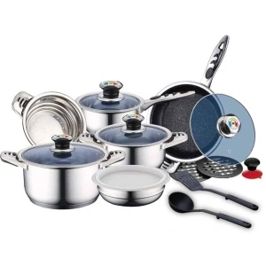 Set de oale si tigai din otel inoxidabil si interior marmorat Royalty Line RL-16RGNM, capace din sticla termorezistenta si accesorii pentru gatit,