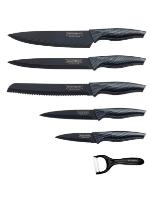 Set de 5 cutite cu manere din carbon si aparat pentru decojire, Royalty Line, RL-CB5
