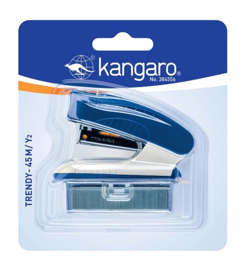 Capsator KANGARO TRENDY-45M/Y2, 24/6, 15 coli, albastru, blister, cu capse 24/6 incluse