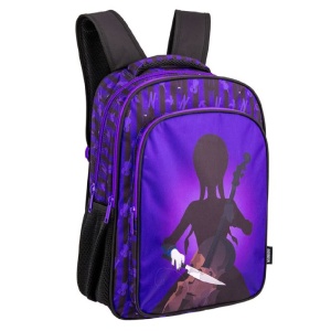 Ghiozdan școlar mov cu model Wednesday, 25 L, 3 compartimente, suport sticlă, fermoar, 32 × 18 × 43 cm
