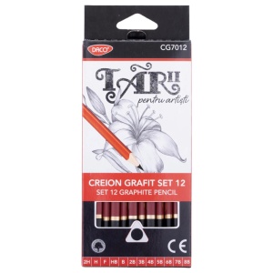 Set 12 Creioane Grafit 2H–8B, Mine Rezistente, Corp Lemn Vișiniu + Negru, DACO