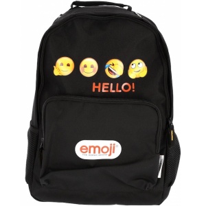 Ghiozdan școlar Emoji Clasic HELLO, negru, 2 compartimente, buzunare multiple, bretele buretate, 27 × 12 × 45 cm