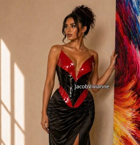 Corset plastic negru lucios decupat in V detaliat rosu - Img 3