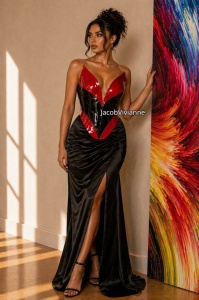 Corset plastic negru lucios decupat in V detaliat rosu
