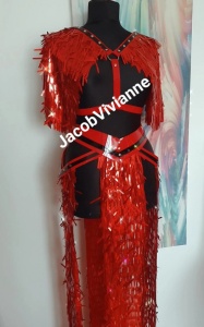 Set ham bust si fusta piele naturala rosu paiete festival cosplay