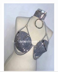 Sutien cu choker piele naturala glitter