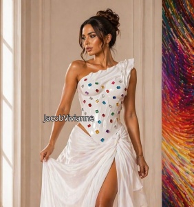 Corset plastic alb cu cristale colorate - Img 3
