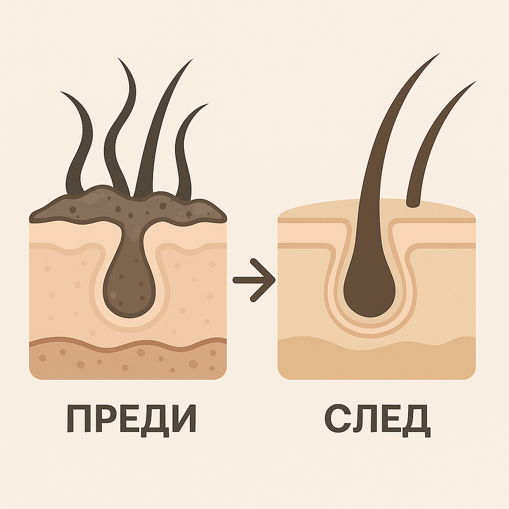 Скалп преди и след ексфолиране