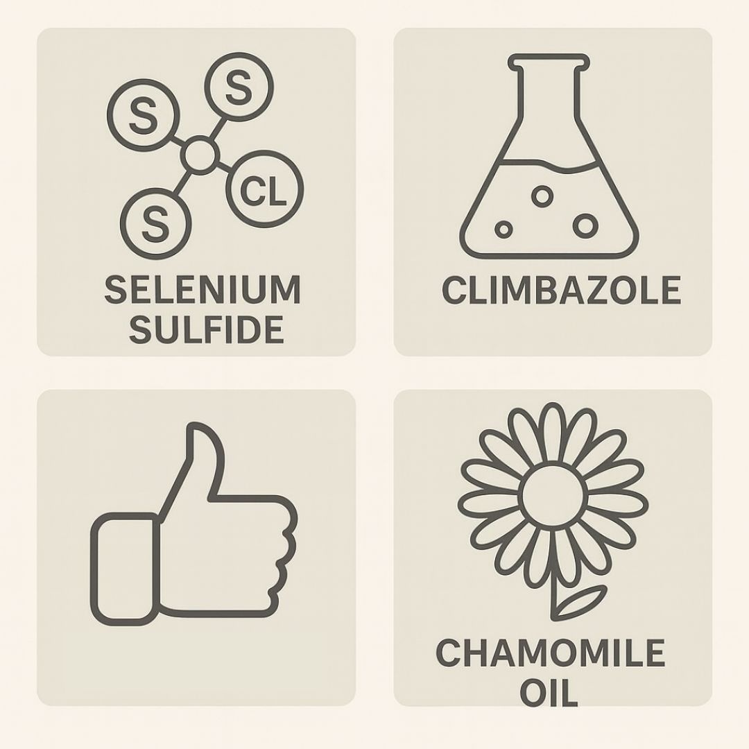Икони на активните съставки: Selenium Sulfide, Climbazole, Chamomile