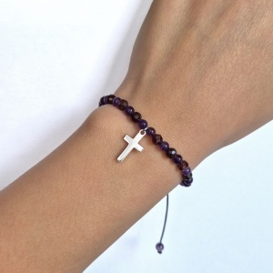 Bratara cu ametist si granat + cruciulita din argint 925 - Img 3