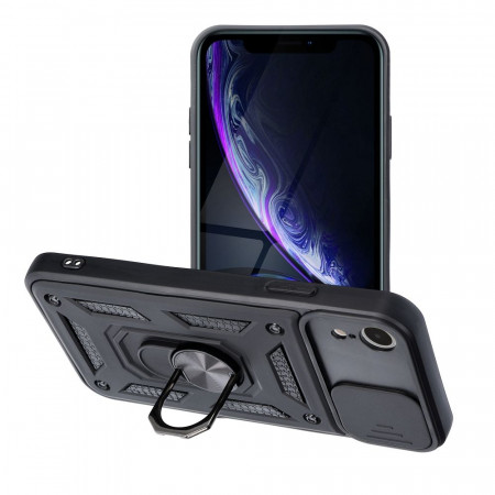 Гръб със стойка и подвижно покритие за камерата Slide Armor - iPhone XR черен