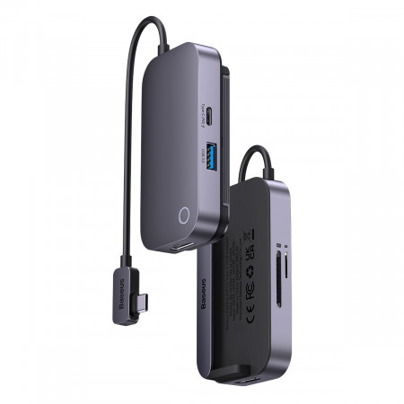 Докинг станция BASEUS PadJoy 6в1 USB Type C към HDMI 2.0 4K 30Hz / мини жак 3.5mm / USB Type A 3.0 / USB Type C Power Delivery + Data 100W / четец за SD и Micro SD карти тъмносива